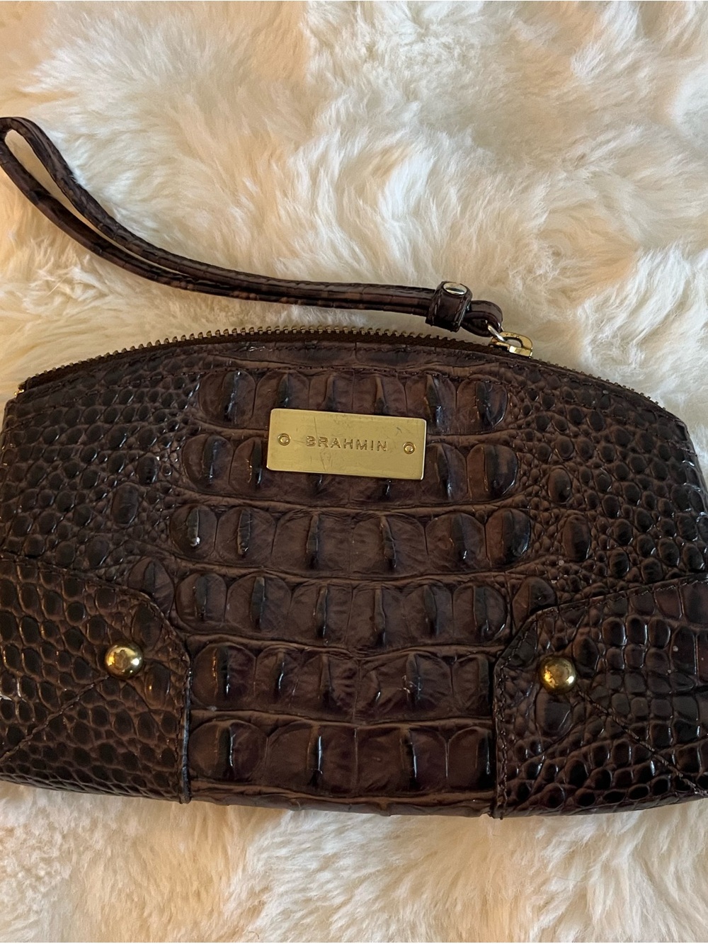Brahmin Chocolate Brown Croc-Embossed Wristlet with Gold Plate